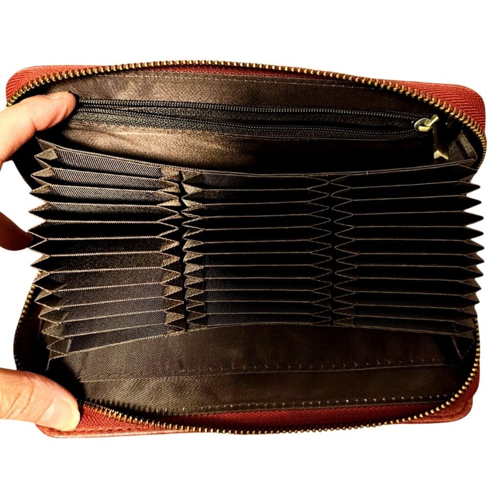 Brown/Red Faux Leather Accordion Wallet With Snap Closure & Zipper Compartments - Picture 5 of 8